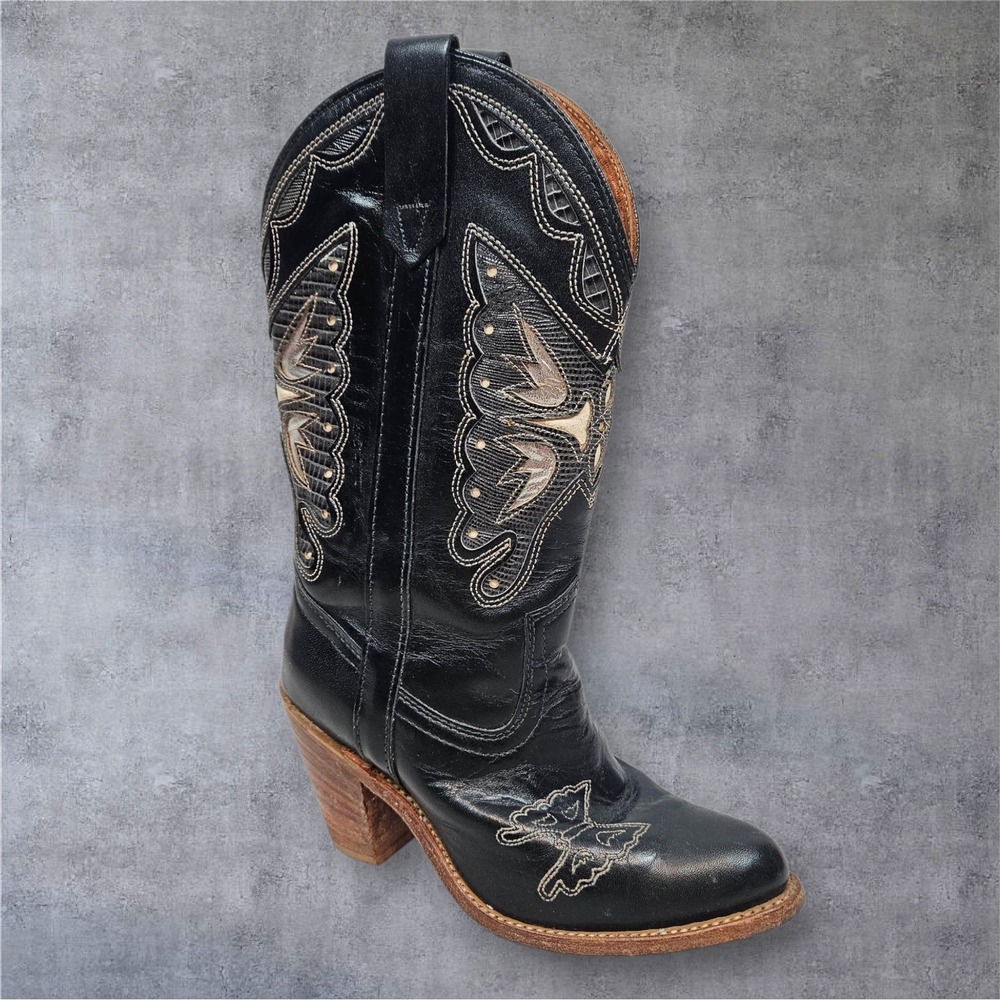 Vintage Miss Capezio Black Leather Butterfly Embroidered Cowboy Boots Size 7 USA